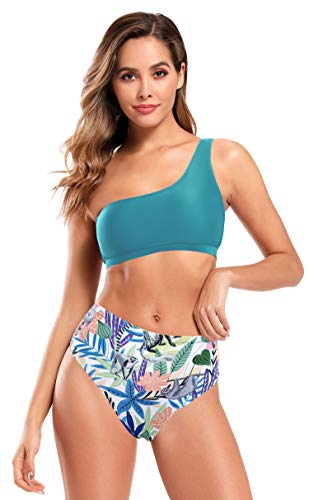 SHEKINI Mujer Traje de baño Dividido para Mujer Bikinis Conjuntos Bañador Sexy con Hombros Oblicuos Bañador Estampado de Cintura Alta (M, Verde Oscuro)