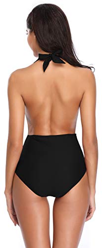 SHEKINI Mujer V-Cuello Bañador Almohadillas Trajes de Baña Halter de una Pieza Monokini (Negro-S, X-Large)