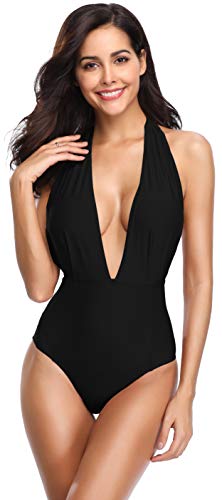 SHEKINI Mujer V-Cuello Bañador Almohadillas Trajes de Baña Halter de una Pieza Monokini (Negro-S, X-Large)