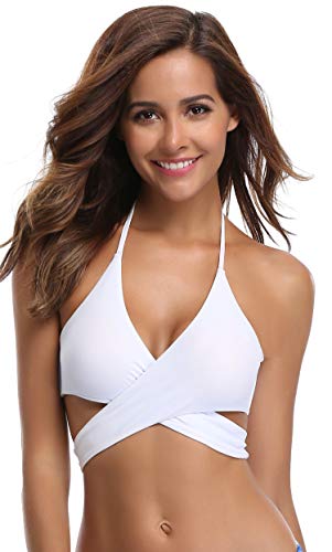 SHEKINI Mujeres Front Cross Bandage Bikini Floral impresión Inferior Traje de baño (L, Blanco-Tops de Bikini)