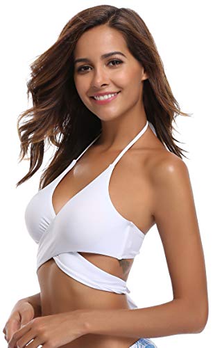 SHEKINI Mujeres Front Cross Bandage Bikini Floral impresión Inferior Traje de baño (L, Blanco-Tops de Bikini)