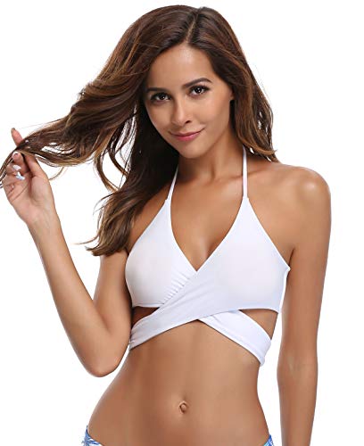 SHEKINI Mujeres Front Cross Bandage Bikini Floral impresión Inferior Traje de baño (L, Blanco-Tops de Bikini)