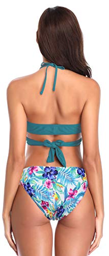 SHEKINI Mujeres Front Cross Bandage Bikini Floral impresión Inferior Traje de baño (Large, Verde Profundo-B)