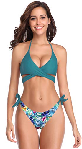 SHEKINI Mujeres Front Cross Bandage Bikini Floral impresión Inferior Traje de baño (Large, Verde Profundo-B)