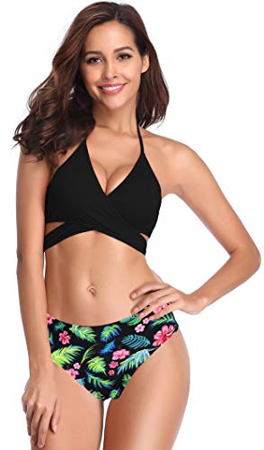 SHEKINI Mujeres Front Cross Bandage Bikini Floral impresión Inferior Traje de baño Que es el triangulo bañadores de Mujer Bikini Mujer(Medium, Negro)