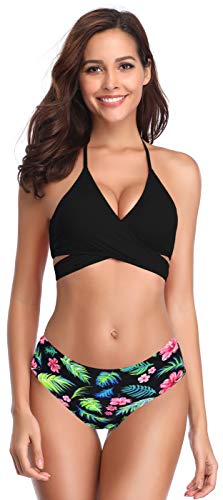 SHEKINI Mujeres Front Cross Bandage Bikini Floral impresión Inferior Traje de baño Que es el triangulo bañadores de Mujer Bikini Mujer(Medium, Negro)