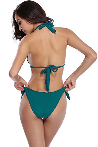 SHEKINI Mujeres Tie Side Bottom Halter Bandeau Bikini Traje de baño Trajes de baño Dos Piezas (Small, Verde Oscuro)