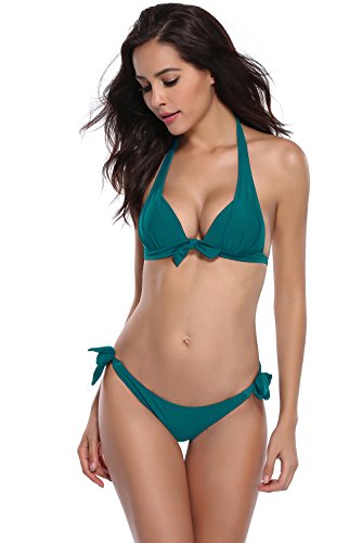 SHEKINI Mujeres Tie Side Bottom Halter Bandeau Bikini Traje de baño Trajes de baño Dos Piezas (Small, Verde Oscuro)