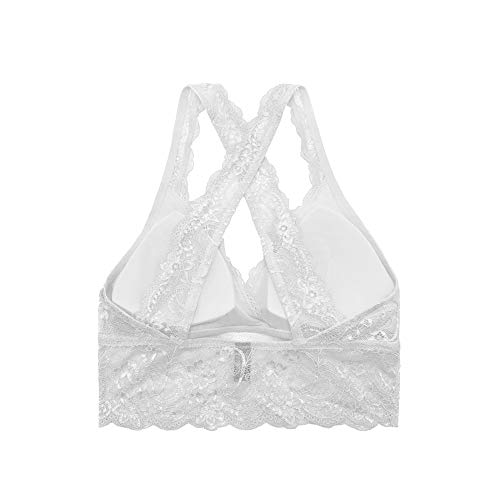 SHEKINI Sujetador Bralette Blonda Estilo Top Triangular de Encaje Crochet Lace sin Aro con Relleno Extraíble y Tirantes Cruzados no Ajustables sin Cierre para Mujer (Large, Blanco)