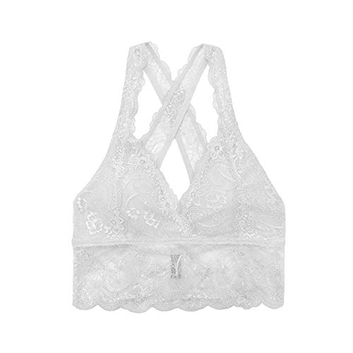 SHEKINI Sujetador Bralette Blonda Estilo Top Triangular de Encaje Crochet Lace sin Aro con Relleno Extraíble y Tirantes Cruzados no Ajustables sin Cierre para Mujer (Large, Blanco)