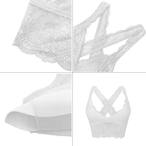 SHEKINI Sujetador Bralette Blonda Estilo Top Triangular de Encaje Crochet Lace sin Aro con Relleno Extraíble y Tirantes Cruzados no Ajustables sin Cierre para Mujer (Large, Blanco)