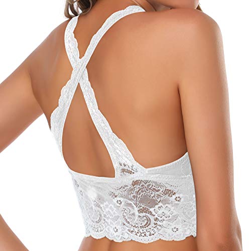 SHEKINI Sujetador Bralette Blonda Estilo Top Triangular de Encaje Crochet Lace sin Aro con Relleno Extraíble y Tirantes Cruzados no Ajustables sin Cierre para Mujer (Large, Blanco)