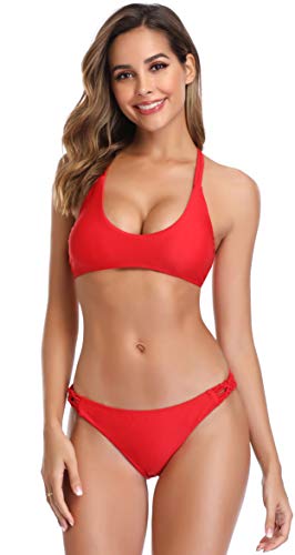 SHEKINI Traje de baño con Tiras Cruzadas para Mujer Bikini Conjunto de Talle Alto Push Up Traje de baño Escote en V Bañador (XL, Rojo)