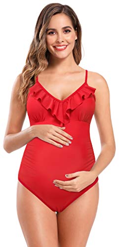 SHEKINI Traje de Baño de Maternidad de Una Pieza Mujer Cuello en V Correa de Hombro Ajustable Ruffles Decoración Bikini de una Pieza Sin Espalda Traje de baño de Mujer Embarazada (Rojo-2, M)…