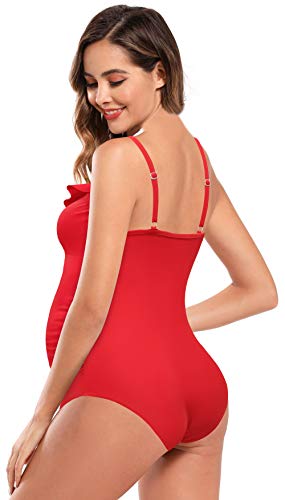 SHEKINI Traje de Baño de Maternidad de Una Pieza Mujer Cuello en V Correa de Hombro Ajustable Ruffles Decoración Bikini de una Pieza Sin Espalda Traje de baño de Mujer Embarazada (Rojo-2, M)…