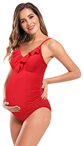 SHEKINI Traje de Baño de Maternidad de Una Pieza Mujer Cuello en V Correa de Hombro Ajustable Ruffles Decoración Bikini de una Pieza Sin Espalda Traje de baño de Mujer Embarazada (Rojo-2, M)…