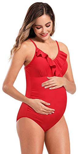 SHEKINI Traje de Baño de Maternidad de Una Pieza Mujer Cuello en V Correa de Hombro Ajustable Ruffles Decoración Bikini de una Pieza Sin Espalda Traje de baño de Mujer Embarazada (Rojo-2, M)…