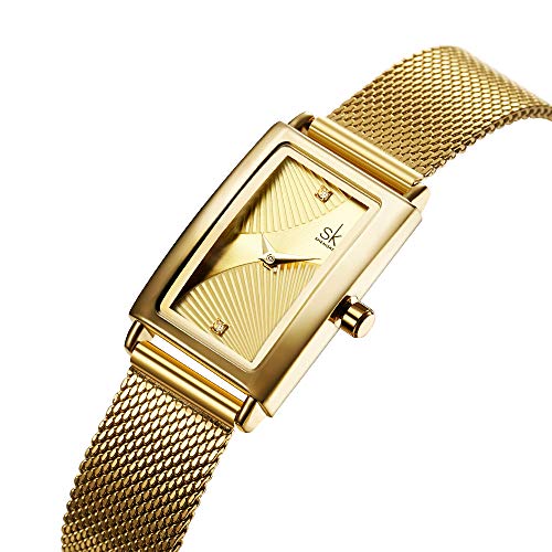 SHENGKE Reloj Femenino Caja Rectangular Reloj de Cuarzo con Banda de Malla milanesa de Acero Inoxidable Reloj de Vestir de Clase Informal de Negocios