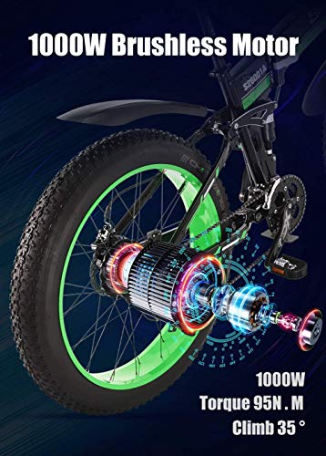 Shengmilo Bicicletas eléctricas de 26 Pulgadas, Bicicleta eléctrica de montaña Plegable, 1000W 48V13ah, batería de células, Bicicleta eléctrica, Bicicleta eléctrica para Hombres de Mujeres (Verde)