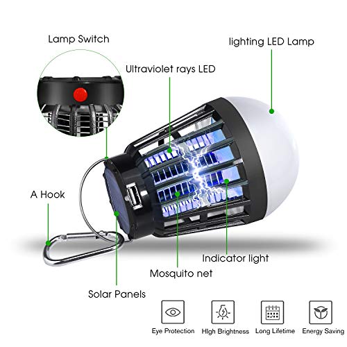 ShinePick Lámpara Mata Mosquitos Electrico,Lámpara Anti Mosquitos IPX6, 2 en 1 Mosquito Killer Lamp con 2200mAH Batería Recargable Lámpara Camping Versátil Pórtatil para Patios, Jardin,Exterior