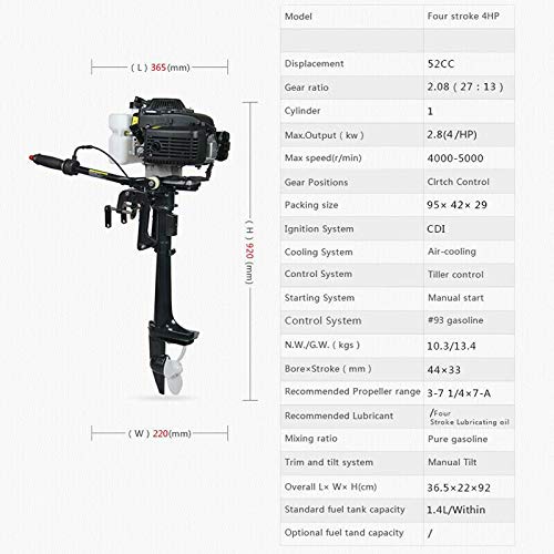 SHIOUCY Motor fueraborda de 4 tiempos, 4,0 CV, 52 cc, motor de gasolina CDI 2,8 kW DHL