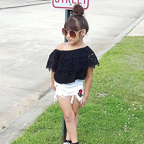 SHOBDW Conjunto Rope para Bebe niña Verano Hombro Camisa para Niñas sin Tirantes Blusa Moda Tops para Chica Pantalones Cortos+Blusa (4T(3-4años), Negro)