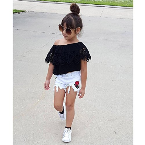 SHOBDW Conjunto Rope para Bebe niña Verano Hombro Camisa para Niñas sin Tirantes Blusa Moda Tops para Chica Pantalones Cortos+Blusa (4T(3-4años), Negro)