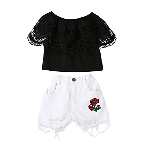 SHOBDW Conjunto Rope para Bebe niña Verano Hombro Camisa para Niñas sin Tirantes Blusa Moda Tops para Chica Pantalones Cortos+Blusa (4T(3-4años), Negro)