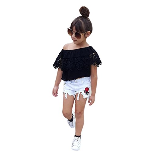 SHOBDW Conjunto Rope para Bebe niña Verano Hombro Camisa para Niñas sin Tirantes Blusa Moda Tops para Chica Pantalones Cortos+Blusa (4T(3-4años), Negro)