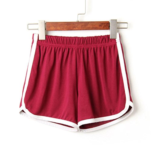 SHOBDW Las Mujeres de Moda señora de la Cintura elástica Verano sólido hasta la Rodilla cómodos Pantalones Cortos Deportivos Pantalones Casuales de Playa (S, Vino Rojo)