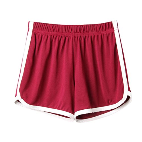 SHOBDW Las Mujeres de Moda señora de la Cintura elástica Verano sólido hasta la Rodilla cómodos Pantalones Cortos Deportivos Pantalones Casuales de Playa (S, Vino Rojo)