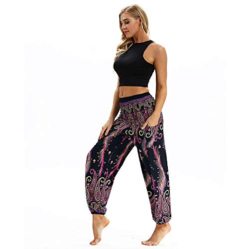 SHOBDW Mujer Hombre Pantalón Capri Moda Casual Suelta Elástica Cintura Pantalones Deportivos Hippy Pantalones de Yoga Baggy Colorido Aladdin Boho Harem(Morado)