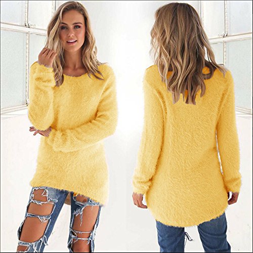 SHOBDW Mujer Suéter para Mujer Cuello Redondo Cárdigan Ocasional Sólido Suelto Otoño Invierno Tops de Manga Larga Cálido Prendas de Punto Jersey Jerséis Blusa Abrigo Vestido (L, Amarillo)