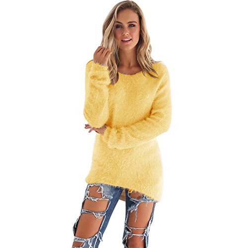 SHOBDW Mujer Suéter para Mujer Cuello Redondo Cárdigan Ocasional Sólido Suelto Otoño Invierno Tops de Manga Larga Cálido Prendas de Punto Jersey Jerséis Blusa Abrigo Vestido (L, Amarillo)