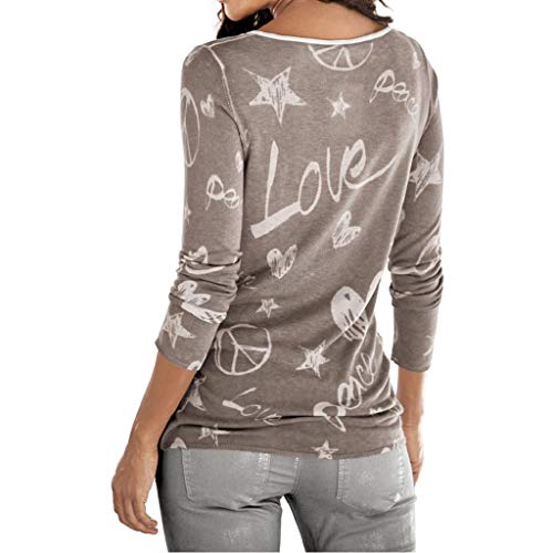 SHOBDW Mujeres Camiseta de Manga Larga con Cuello Redondo y Camisa Impresa Moda Casual Primavera Otoño Blusa Algodón Suelto Tops Sudadera Pullover Camiseta Elegante(Café,M)