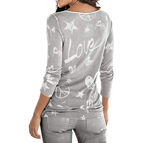 SHOBDW Mujeres Camiseta de Manga Larga con Cuello Redondo y Camisa Impresa Moda Casual Primavera Otoño Blusa Algodón Suelto Tops Sudadera Pullover Camiseta Elegante(Gris,L)