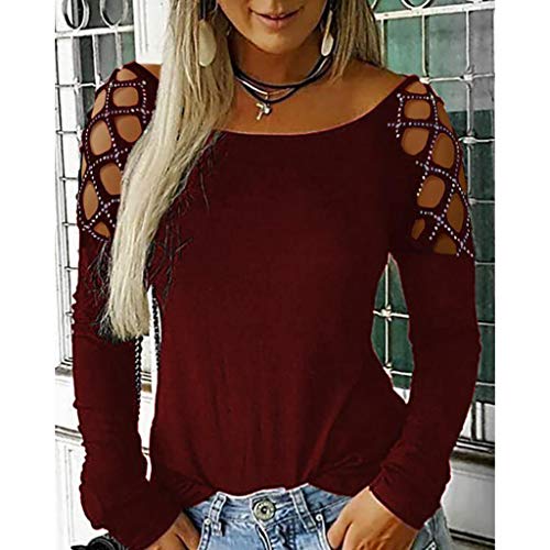 SHOBDW Mujeres Camisetas de Manga Larga Tallas Grandes Cuello en V sólido Camisa de Manga Larga Moda Casual Primavera Otoño Blusa Blusas Sueltas Diseño Cruzado Delantero Camiseta(Rojo,M)