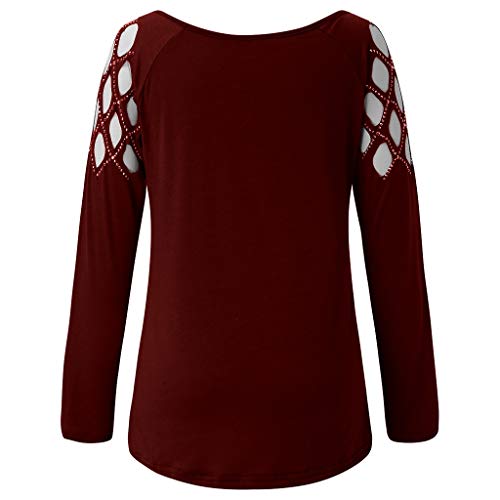 SHOBDW Mujeres Camisetas de Manga Larga Tallas Grandes Cuello en V sólido Camisa de Manga Larga Moda Casual Primavera Otoño Blusa Blusas Sueltas Diseño Cruzado Delantero Camiseta(Rojo,M)