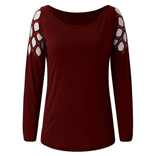 SHOBDW Mujeres Camisetas de Manga Larga Tallas Grandes Cuello en V sólido Camisa de Manga Larga Moda Casual Primavera Otoño Blusa Blusas Sueltas Diseño Cruzado Delantero Camiseta(Rojo,M)