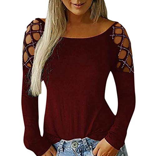 SHOBDW Mujeres Camisetas de Manga Larga Tallas Grandes Cuello en V sólido Camisa de Manga Larga Moda Casual Primavera Otoño Blusa Blusas Sueltas Diseño Cruzado Delantero Camiseta(Rojo,M)