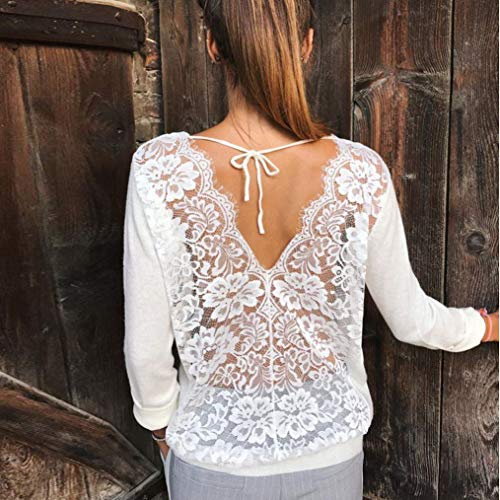 SHOBDW Mujeres de Manga Larga sólido sin Espalda O-Cuello de Encaje Sexy Sudadera Pullover Tops Blusa de otoño Camisa(Blanco,XL) SHOBDW Mujeres de Manga Larga sólido sin Espalda O-Cuello de Encaje Sexy Sudadera Pullover Tops Blusa de otoño Camisa(Blanco,XL)