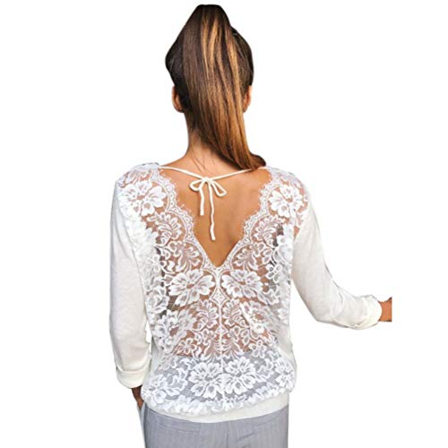 SHOBDW Mujeres de Manga Larga sólido sin Espalda O-Cuello de Encaje Sexy Sudadera Pullover Tops Blusa de otoño Camisa(Blanco,XL) SHOBDW Mujeres de Manga Larga sólido sin Espalda O-Cuello de Encaje Sexy Sudadera Pullover Tops Blusa de otoño Camisa(Blanco,XL)