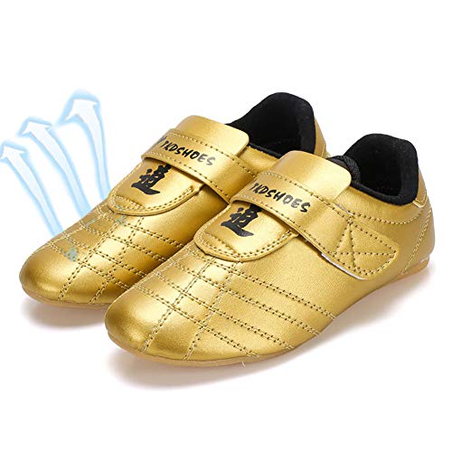 Shoes Zapatos de Taekwondo para Niños, Zapatos de Entrenamiento de Artes Marciales de Fondo de Tendón de Carne de Vaca Livianos Y Resistentes Al Desgaste (Dorado)