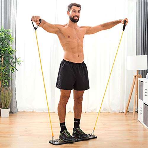 Shop-Story – Pulsher – Sistema de entrenamiento completo para desarrollar la masa muscular, compuesto por una tabla de ejercicios en el suelo, bandas de resistencia y una guía de ejercicios.