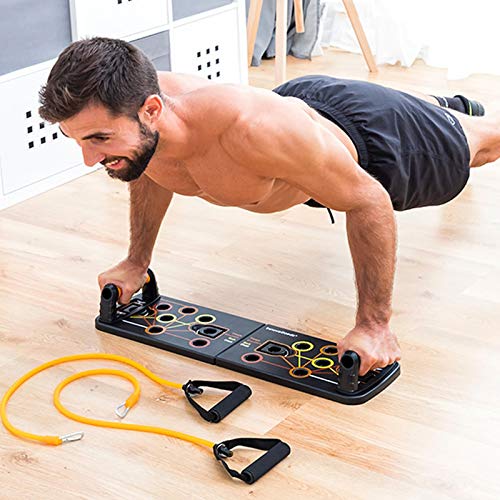 Shop-Story – Pulsher – Sistema de entrenamiento completo para desarrollar la masa muscular, compuesto por una tabla de ejercicios en el suelo, bandas de resistencia y una guía de ejercicios.