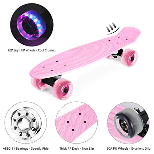 shownicer Monopatín Skateboard Completo Mini Cruiser Patín Plástico Penny Board 22'' para Niños Adultos Principiantes, LED Ruedas Iluminadas & ABEC-11 Rodamientos & Todo-en-Uno T Herramienta