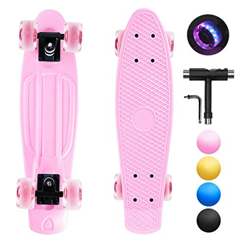 shownicer Monopatín Skateboard Completo Mini Cruiser Patín Plástico Penny Board 22'' para Niños Adultos Principiantes, LED Ruedas Iluminadas & ABEC-11 Rodamientos & Todo-en-Uno T Herramienta