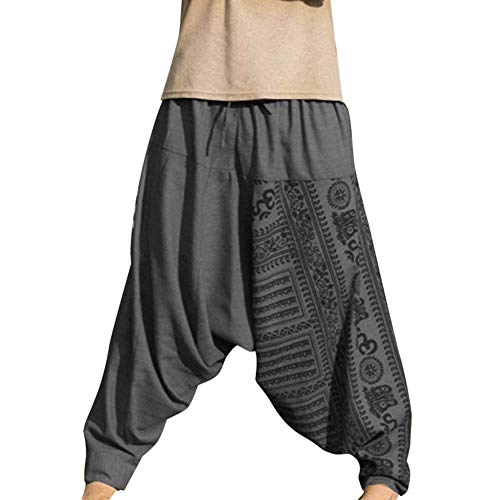 Shujin - Pantalones harem para hombre, para yoga, danza, playa, pantalones para tiempo libre, pantalones de Aladín, pantalones de estilo retro gris M