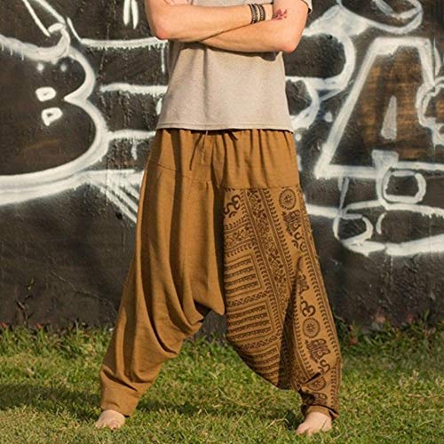 Shujin - Pantalones harem para hombre, para yoga, danza, playa, pantalones para tiempo libre, pantalones de Aladín, pantalones de estilo retro marrón L