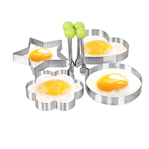 shun yi Molde para tortilla de acero inoxidable para tortitas y panqueques, juego de 4 unidades, redondo, forma de corazón, forma de flor, anillo pentagonal para huevos, tortilla y galleta shun yi Molde para tortilla de acero inoxidable para tortitas y panqueques, juego de 4 unidades, redondo, forma de corazón, forma de flor, anillo pentagonal para huevos, tortilla y galleta
